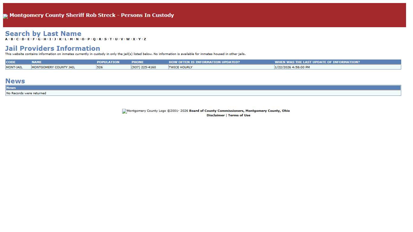 Montgomery County Sheriff Rob Streck - Persons In Custody